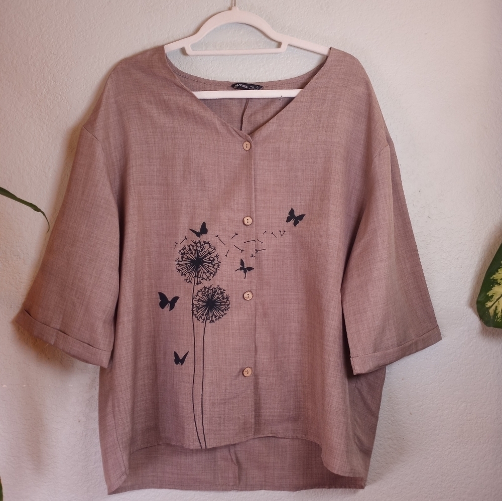 Noracora Bamboo Lightweight Butterflies Floral Casual Boho High Low Button Up